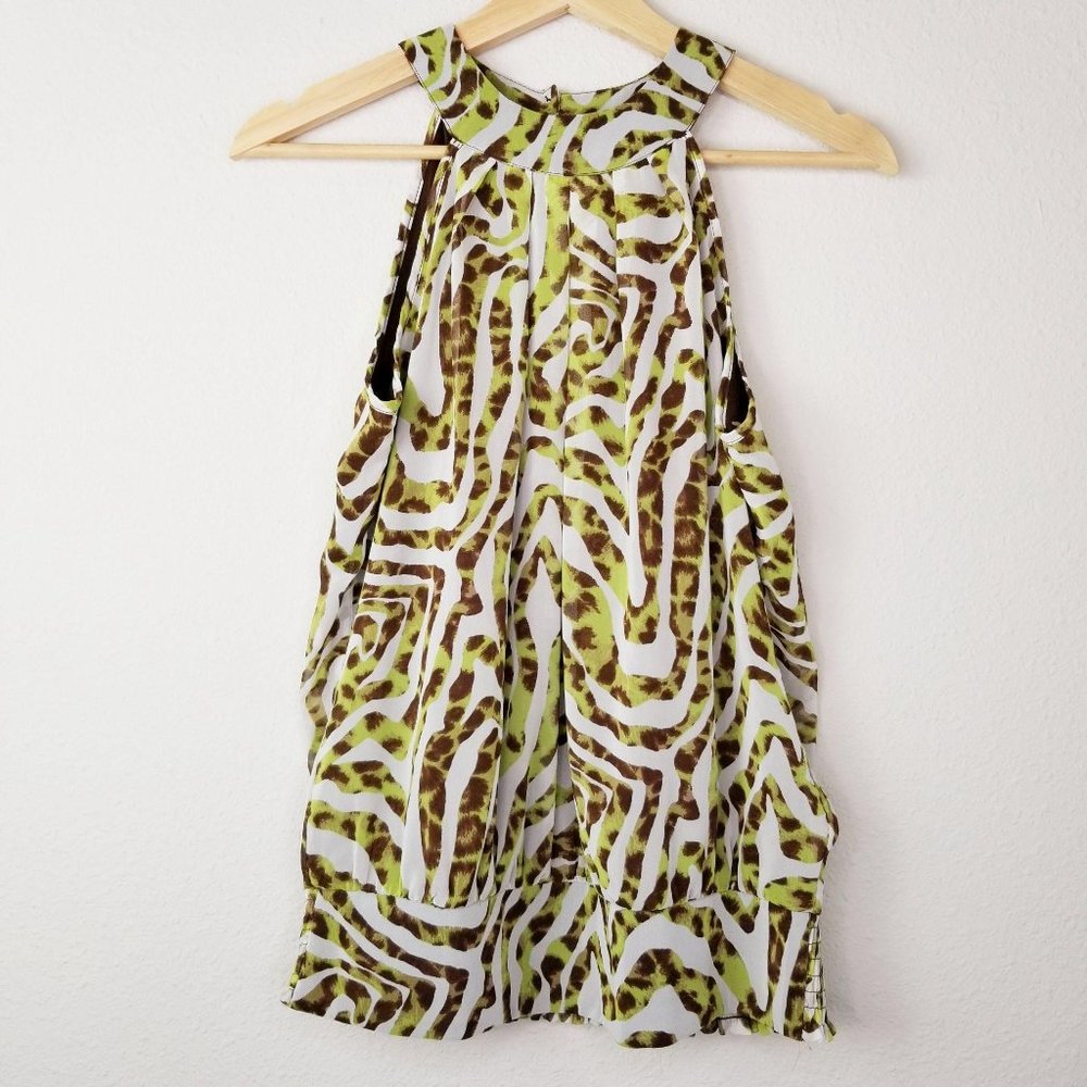 Adiva Blouse Leopard Print Pleated Sleeveless sz S